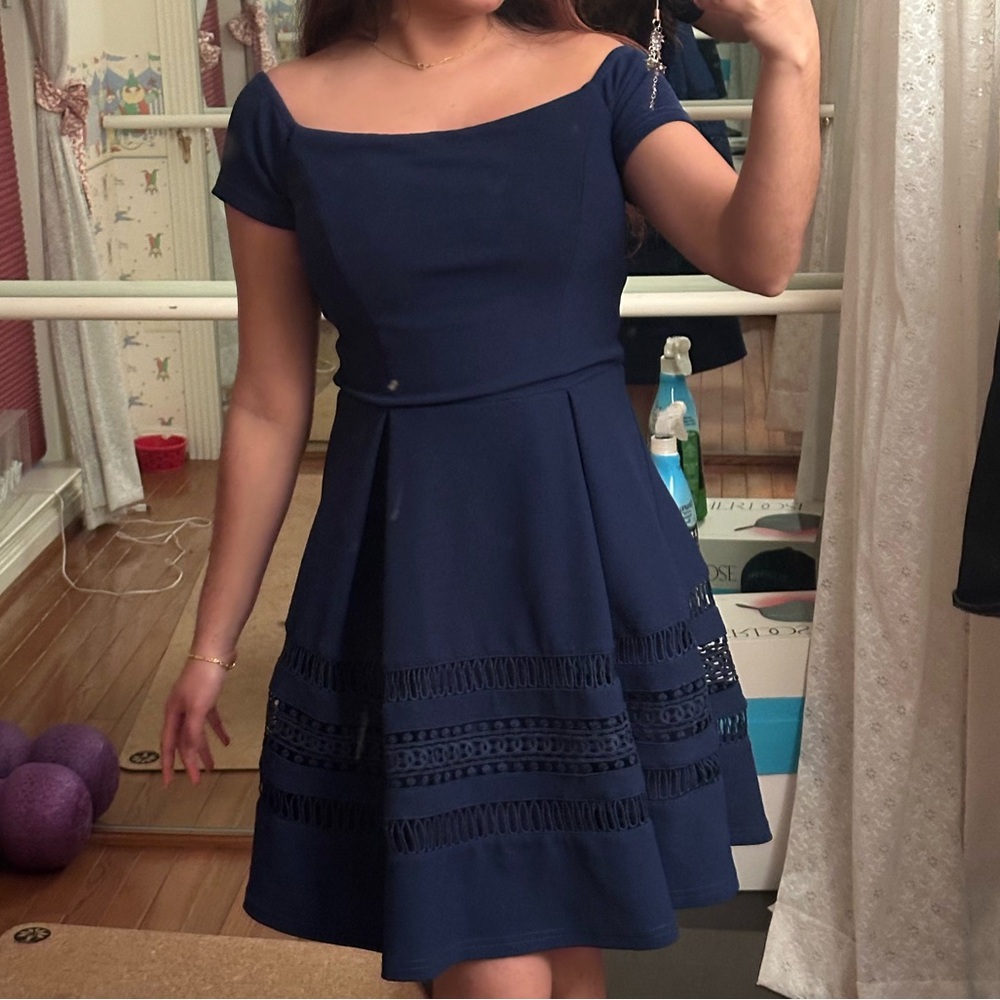 Francesca's Collections Deep Blue Off-Shoulder Mini Dress